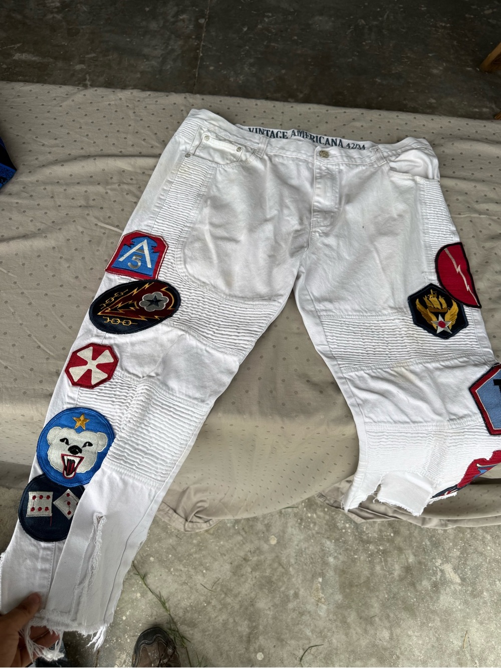 Vintage America White Patchwork Slim Straight Jeans with Multicolor Patches